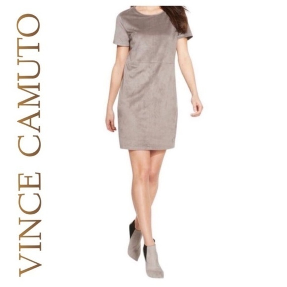 Vince Camuto faux suede short sleeve sheath dress faux leather mini dress taupe